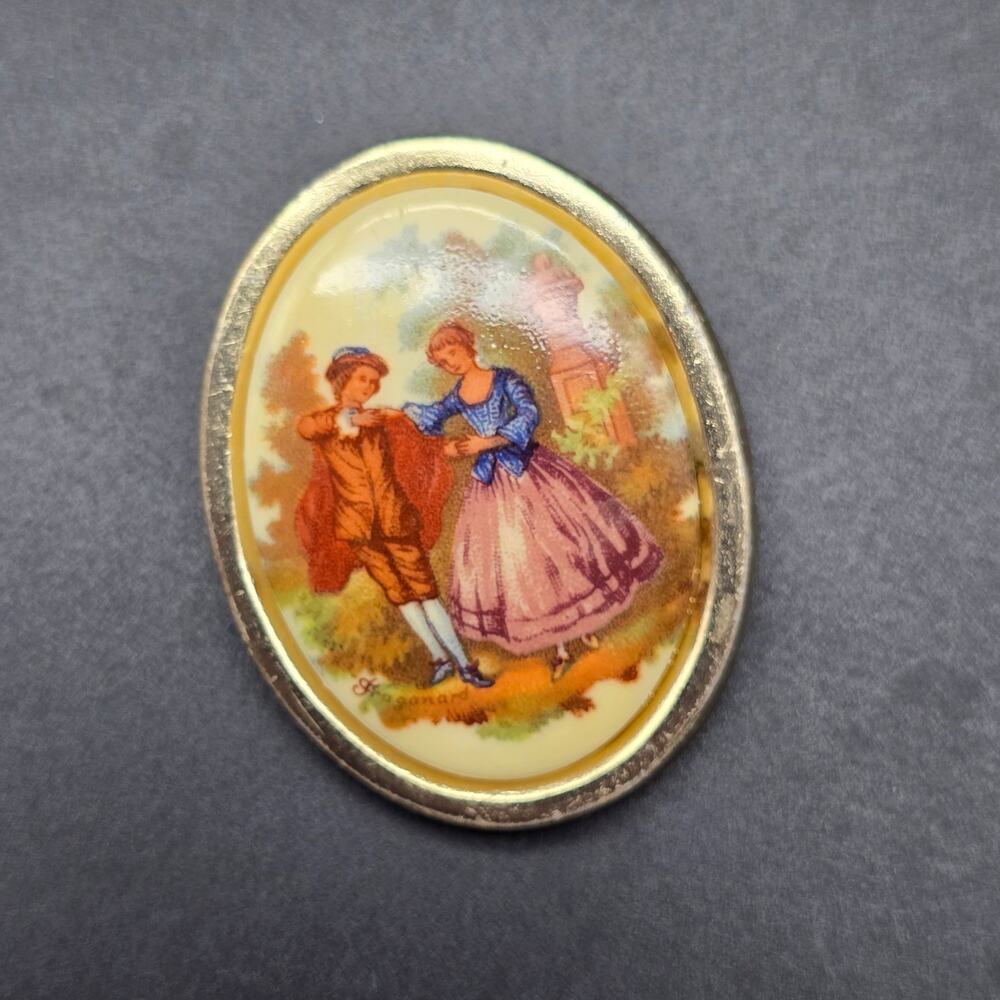 Victorian Courting Scene Brooch Oval Gold Tone Made in Hong Kong